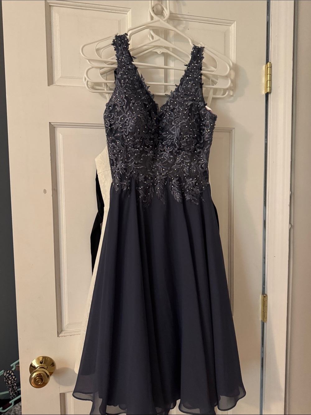 JJs House Navy Lace Beaded Evening Dress